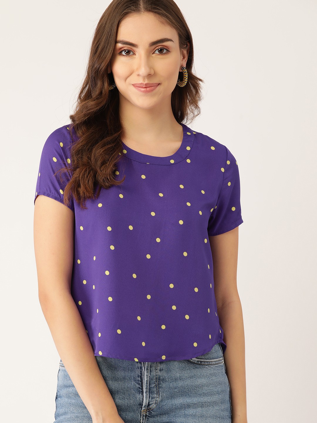 

DressBerry Purple & Fluorescent Green Polka Dot Print Top