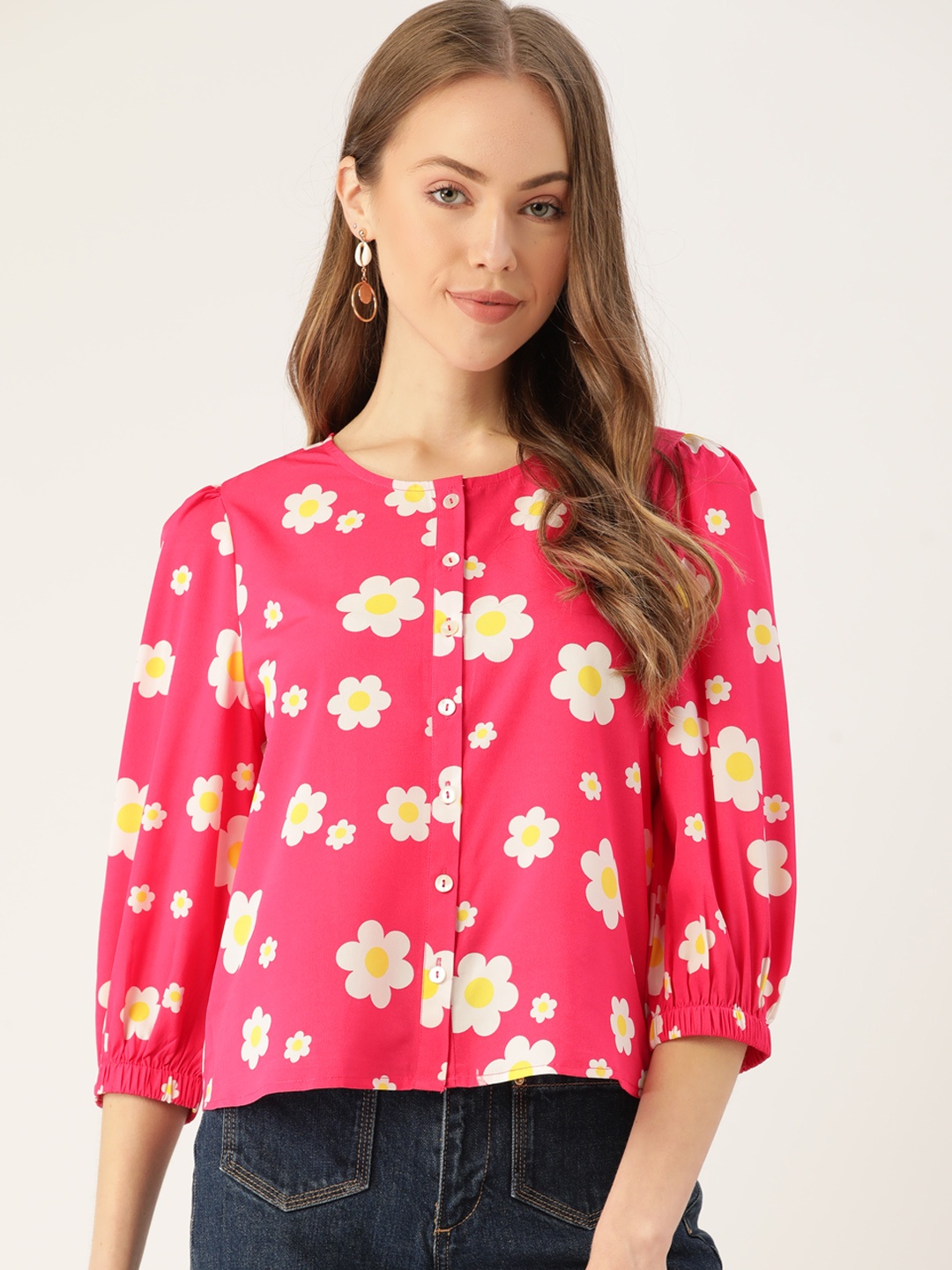 

DressBerry Women Pink & White Floral Print Top