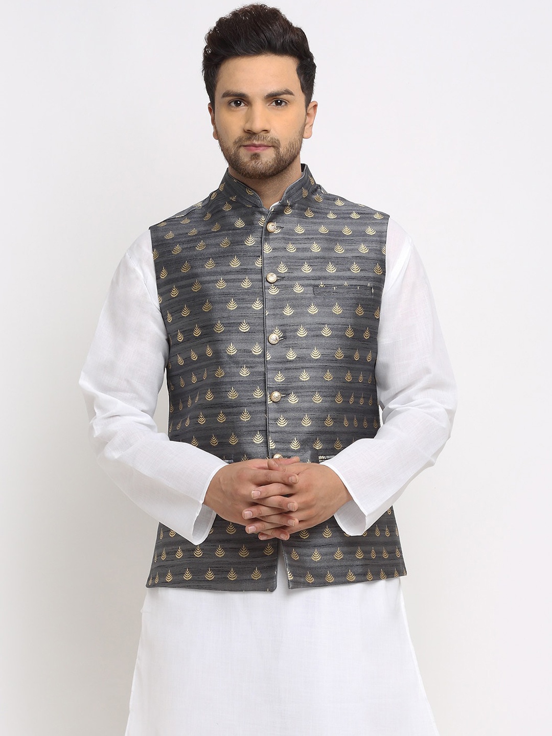 

TREEMODA Men Grey & Gold-Coloured Brocade Printed Woven Nehru Jacket