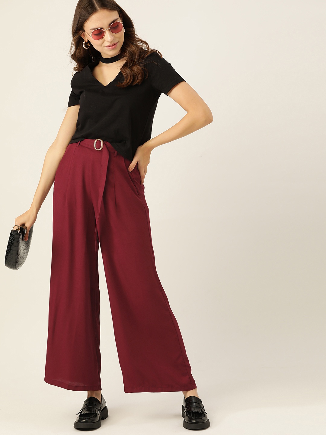 

DressBerry Women Maroon Solid Parallel Trousers With Belt