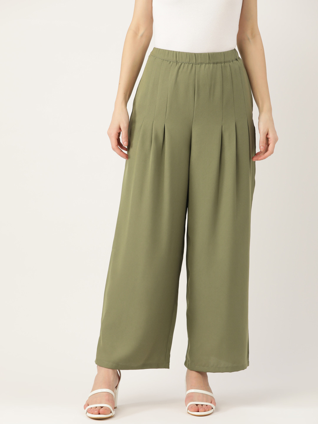

DressBerry Women Olive Green Solid Pleated Trousers