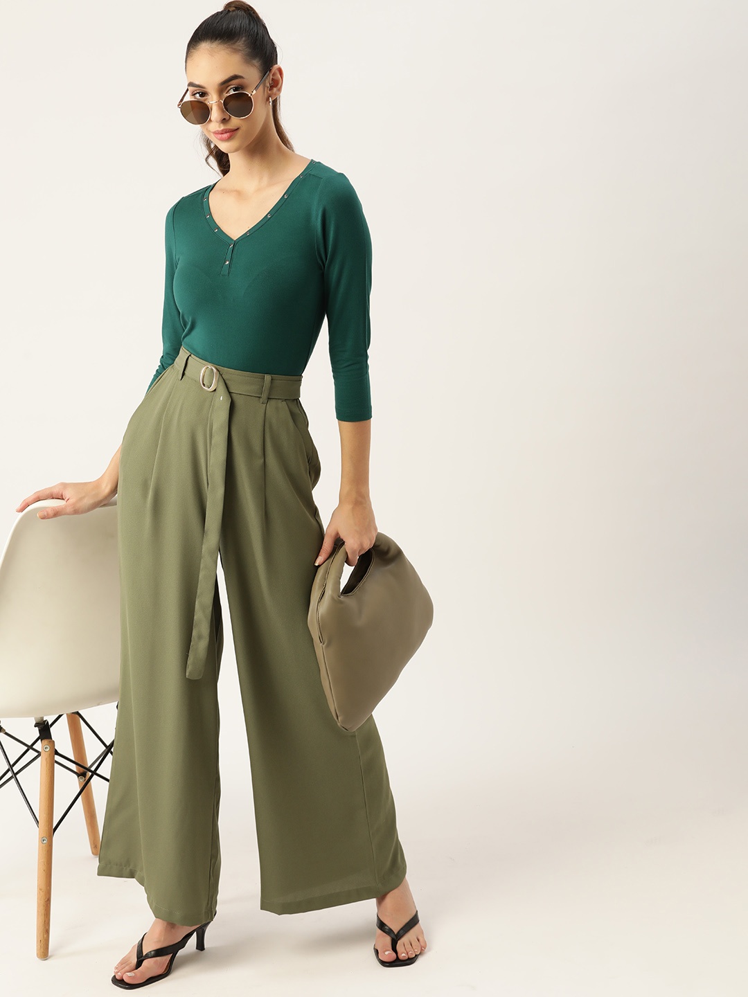 

DressBerry Women Olive Green High-Rise Pleated Trousers