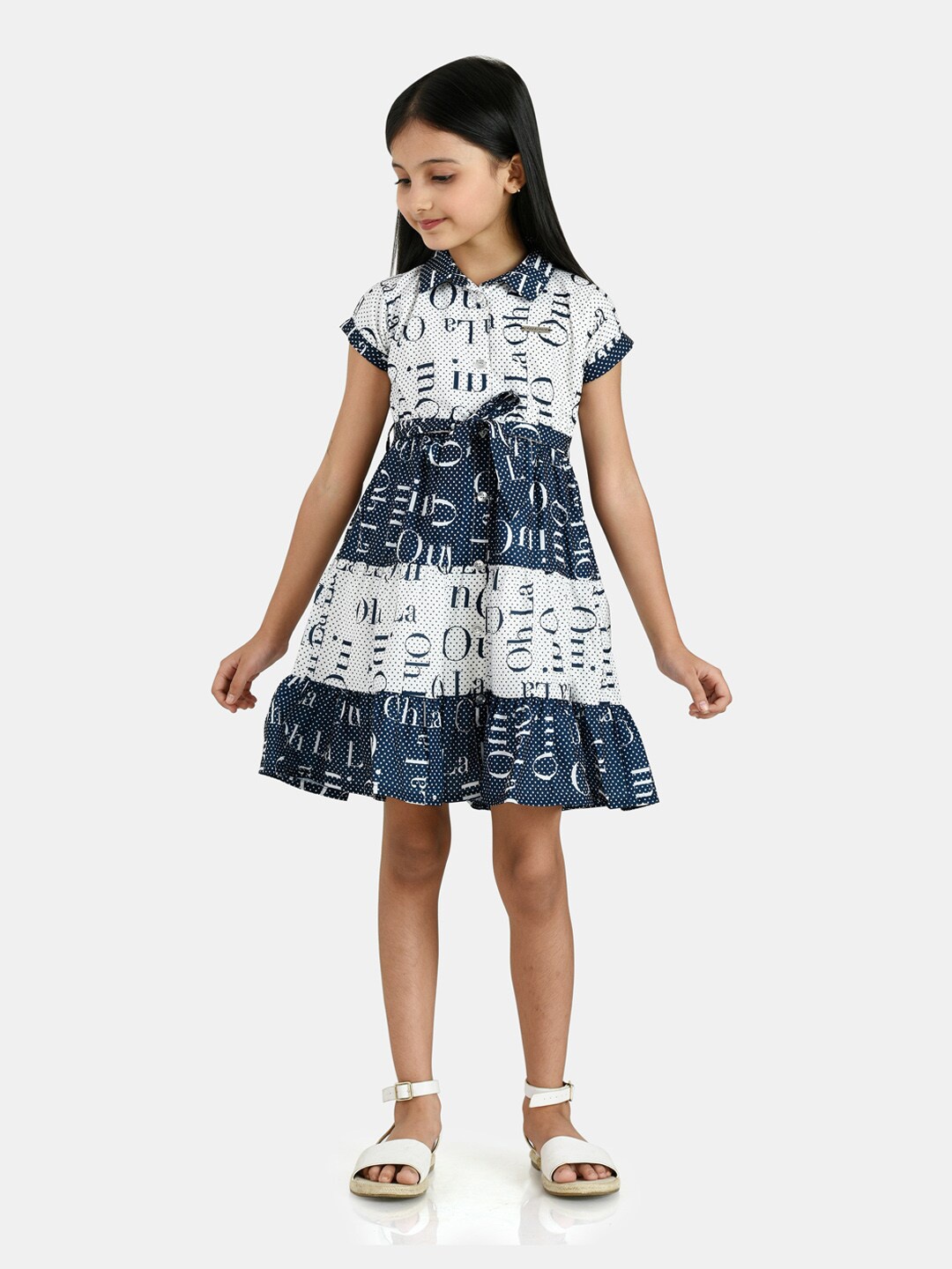 

Peppermint Girls Navy Blue & White Crepe Tiered Dress