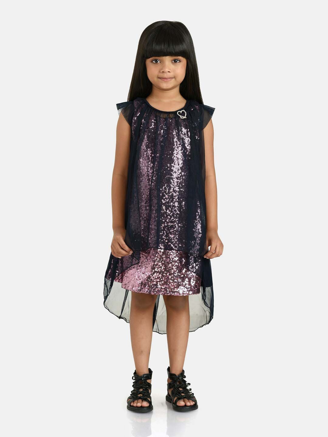 

Peppermint Girls Navy Blue & Pink Sequined Net A-Line Dress