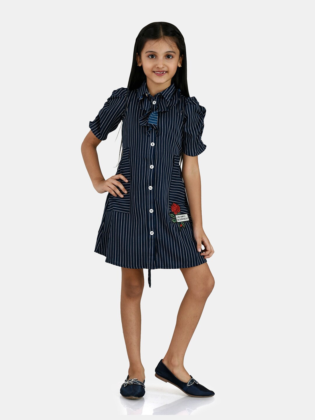 

Peppermint Navy Blue & White Striped Applique Chiffon Shirt Dress