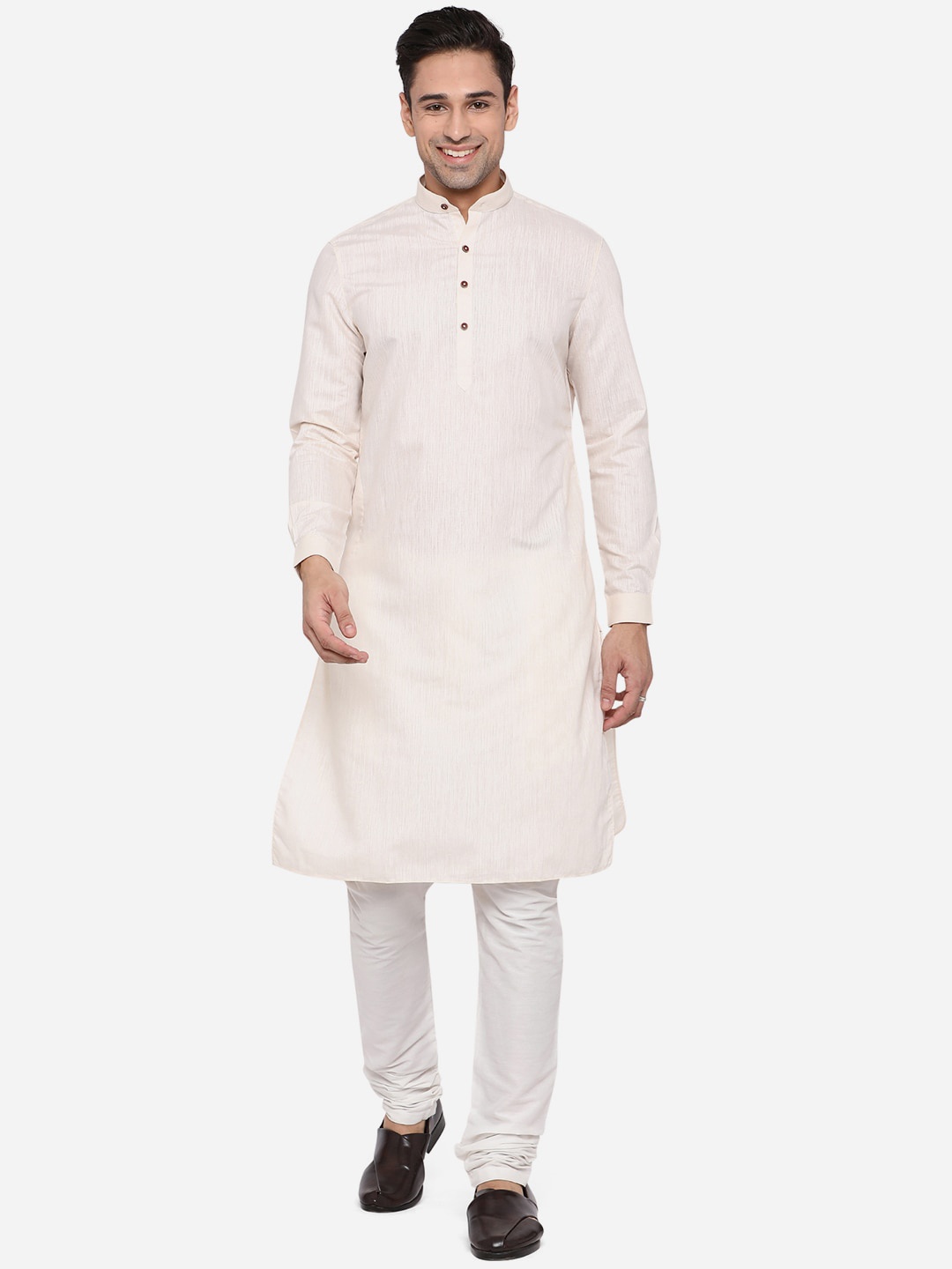 

JADE BLUE Men Beige Solid Mandarin Collar Regular Straight Kurta