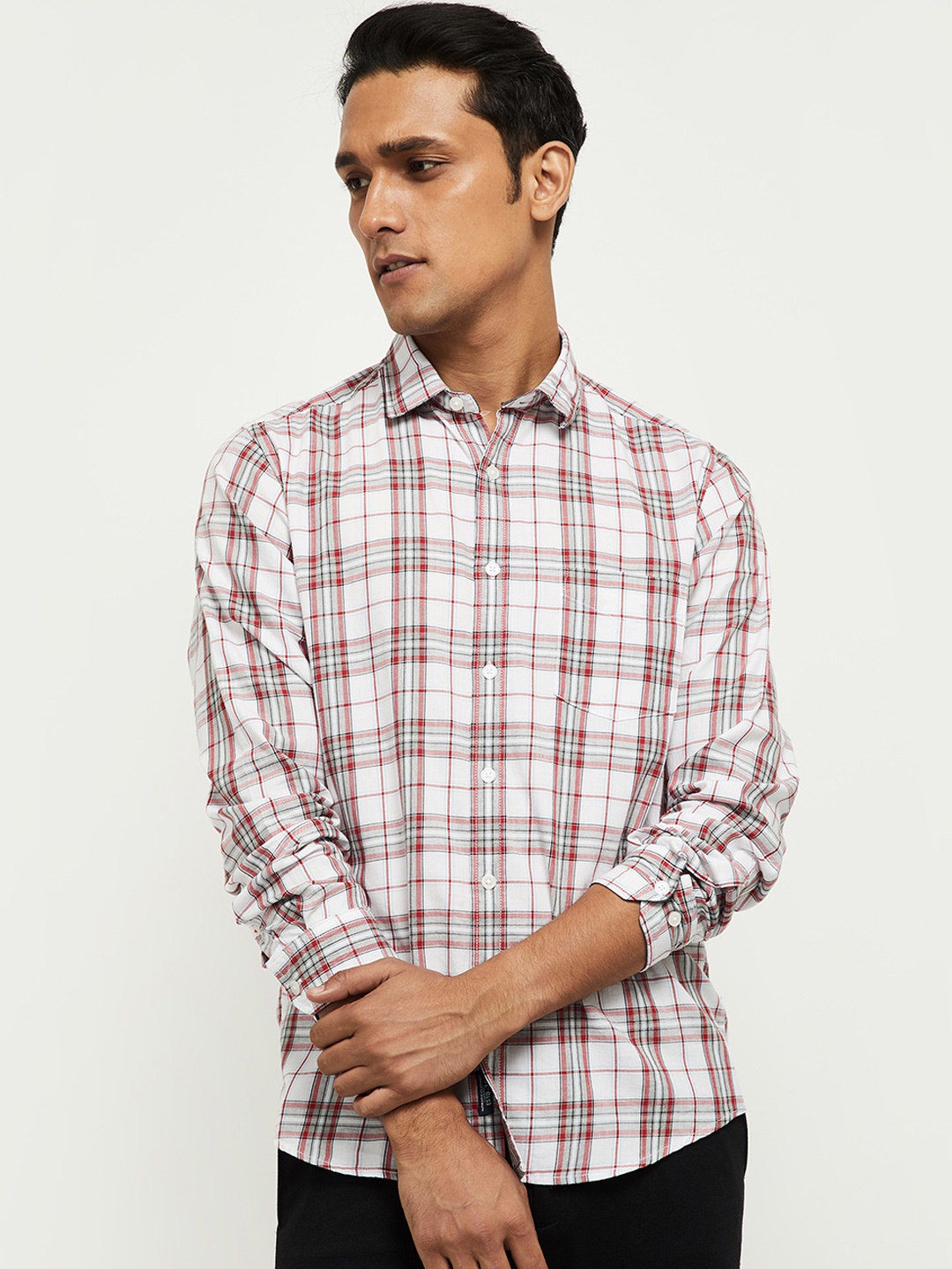 

max Men Grey Tartan Checked Pure Cotton Casual Shirt