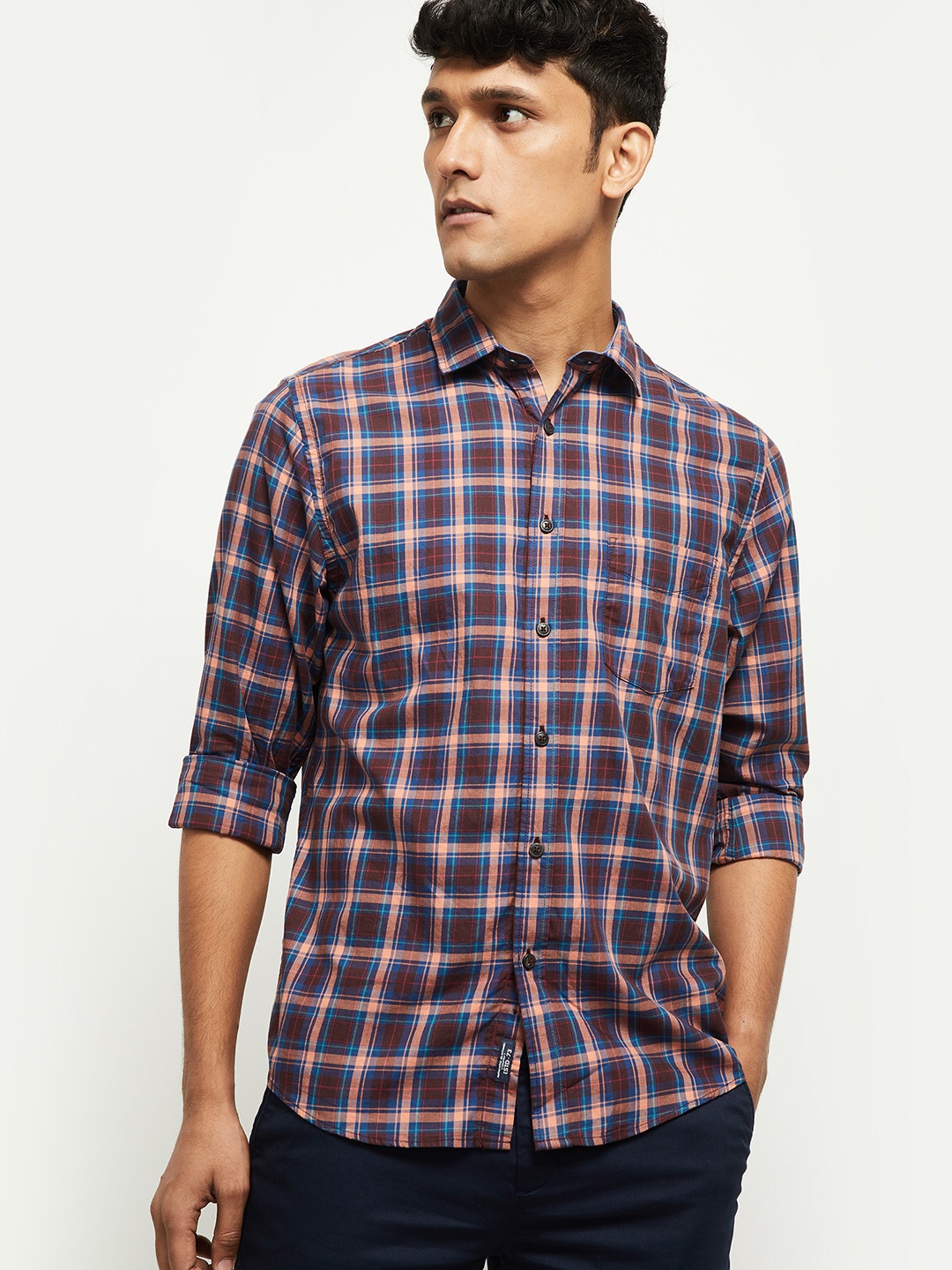 max Men Blue & Peach-Coloured Tartan Checks Opaque Checked Casual Shirt