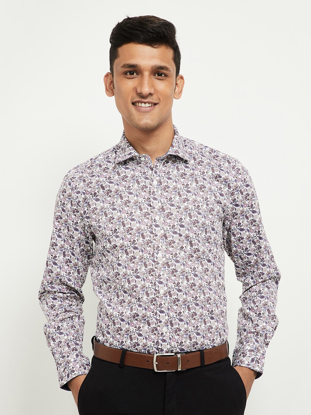 

max Men White Floral Opaque Printed Pure Cotton Formal Shirt