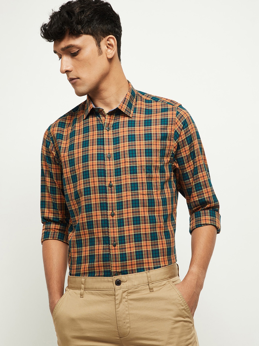 

max Men Orange Tartan Checked Pure Cotton Casual Shirt