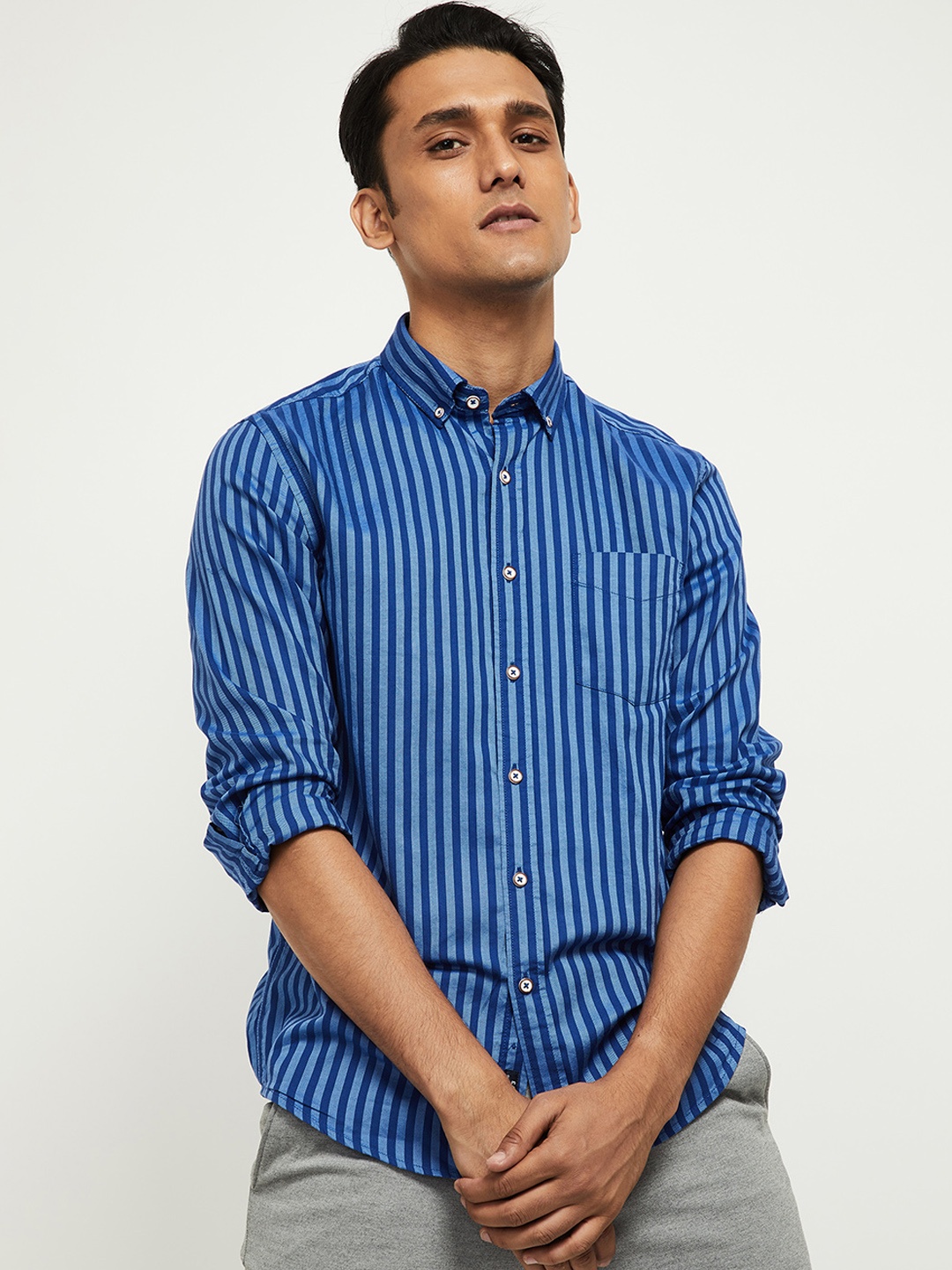 

max Men Navy Blue & Grey Striped Pure Cotton Casual Shirt