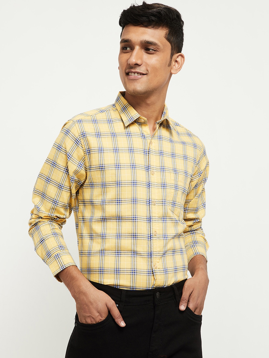 

max Men Yellow & Blue Tartan Checks Opaque Pure Cotton Casual Shirt