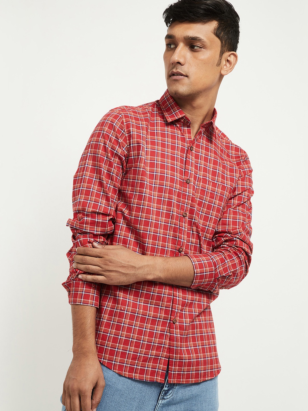 

max Men Orange Checked Casual Shirt