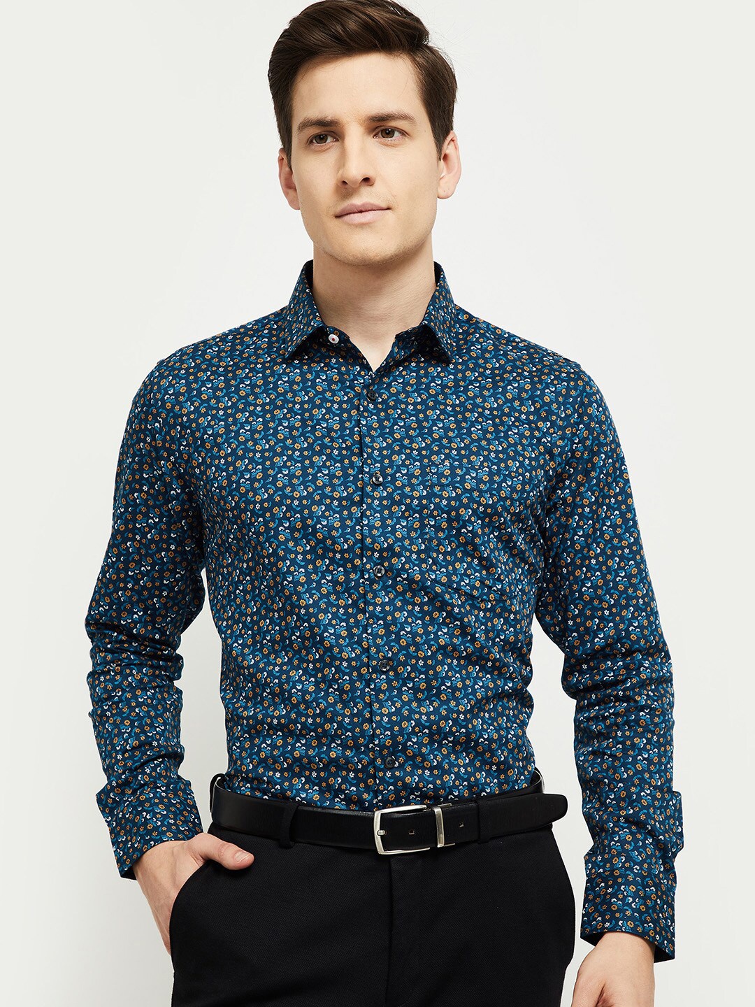 

max Men Navy Blue Floral Opaque Printed Casual Shirt