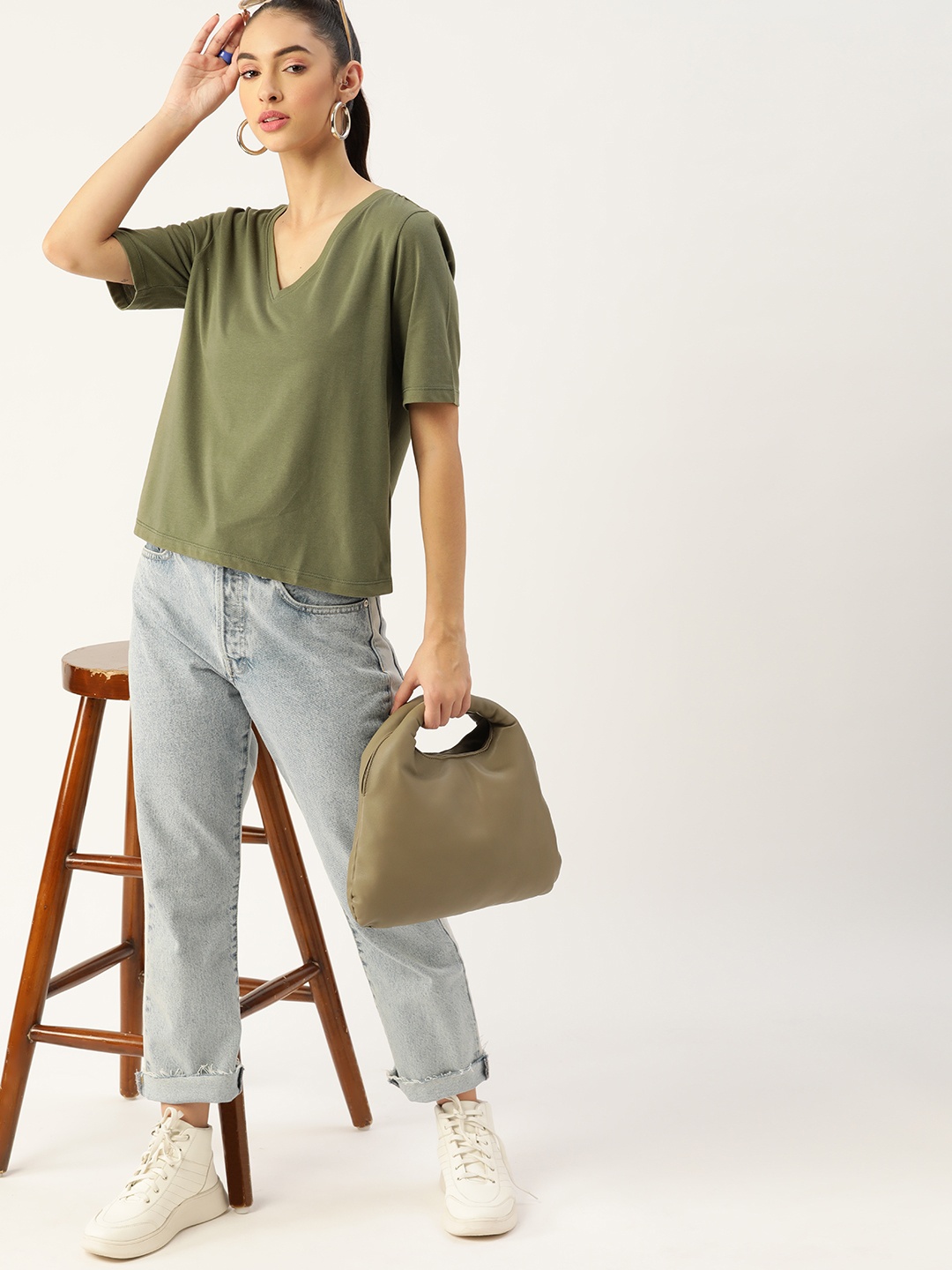 

DressBerry Women Olive Green V-Neck T-shirt