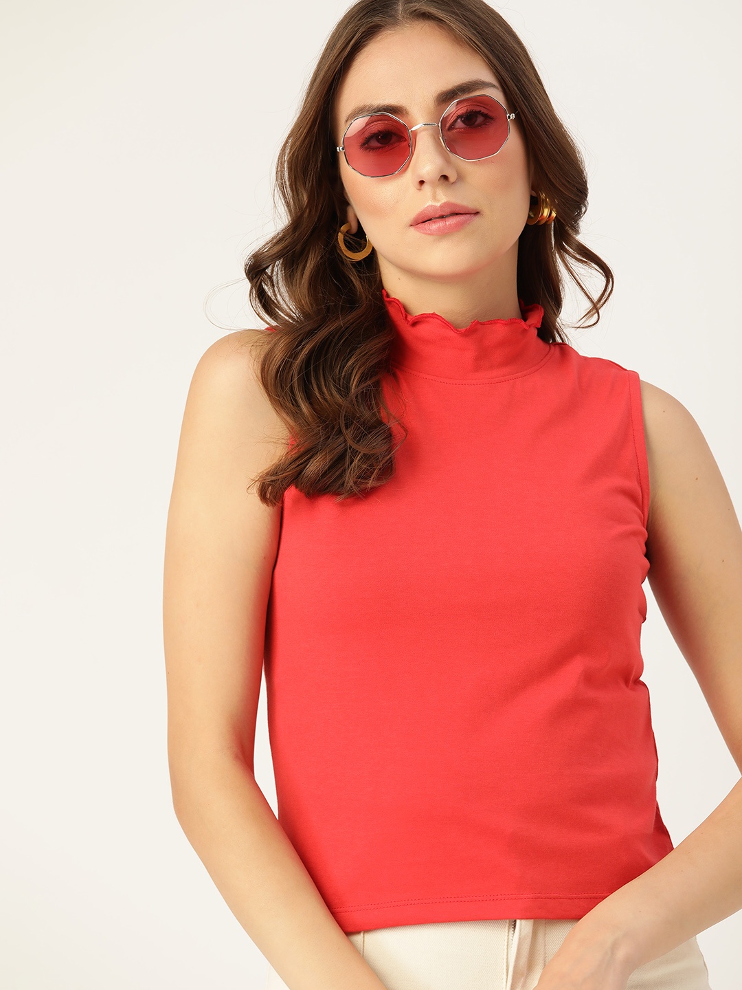 

DressBerry Women Red Solid High Neck T-shirt