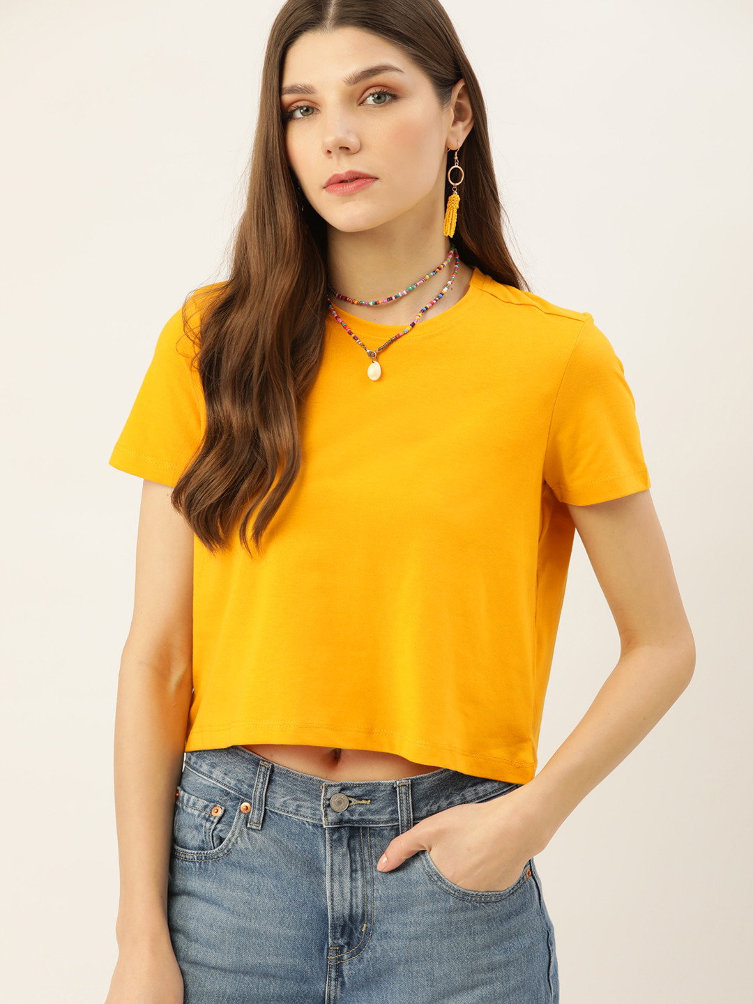 

DressBerry Women Mustard Yellow Solid Crop T-shirt