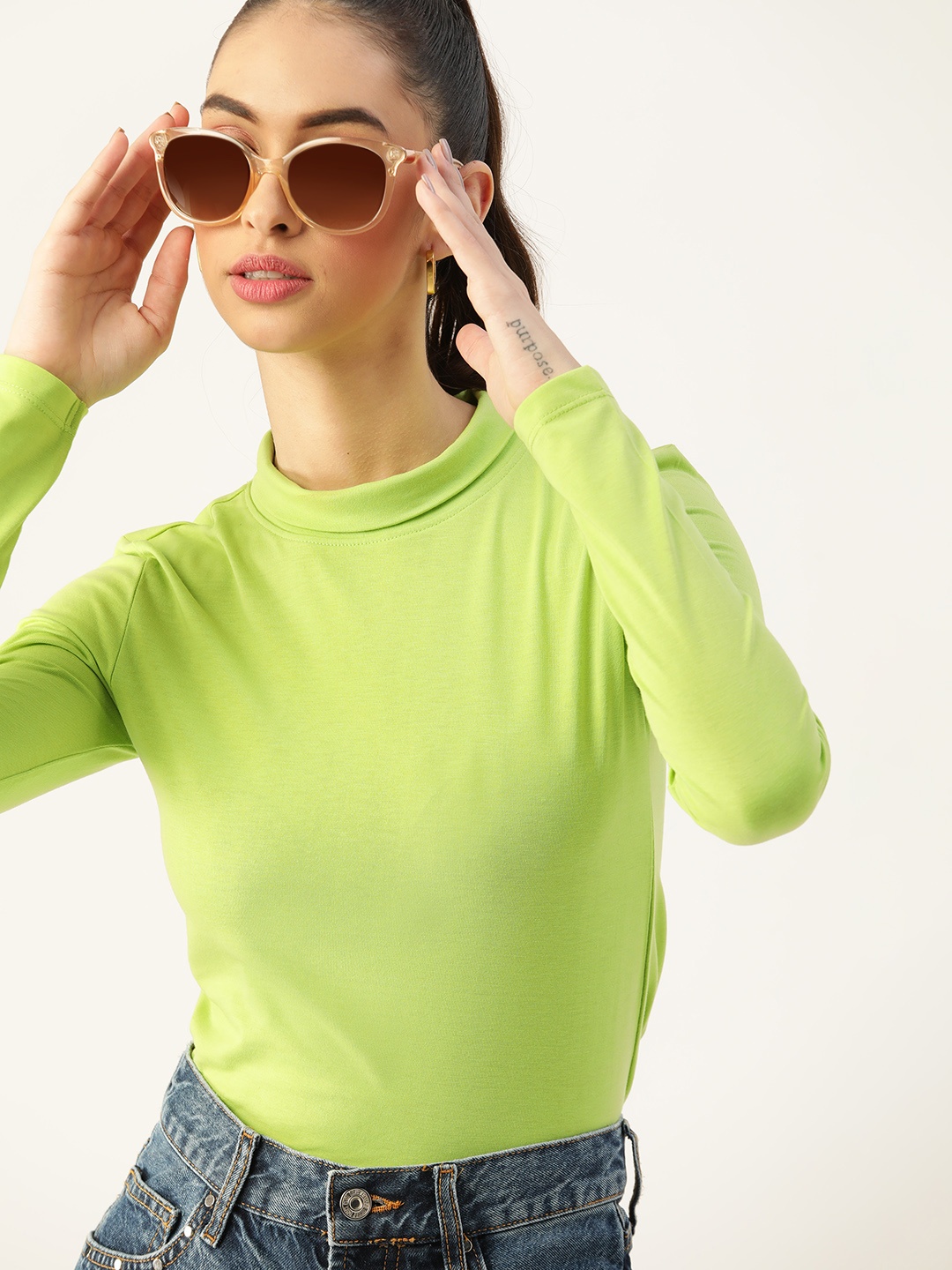 

DressBerry Women Lime Green Solid Turtle Neck T-shirt