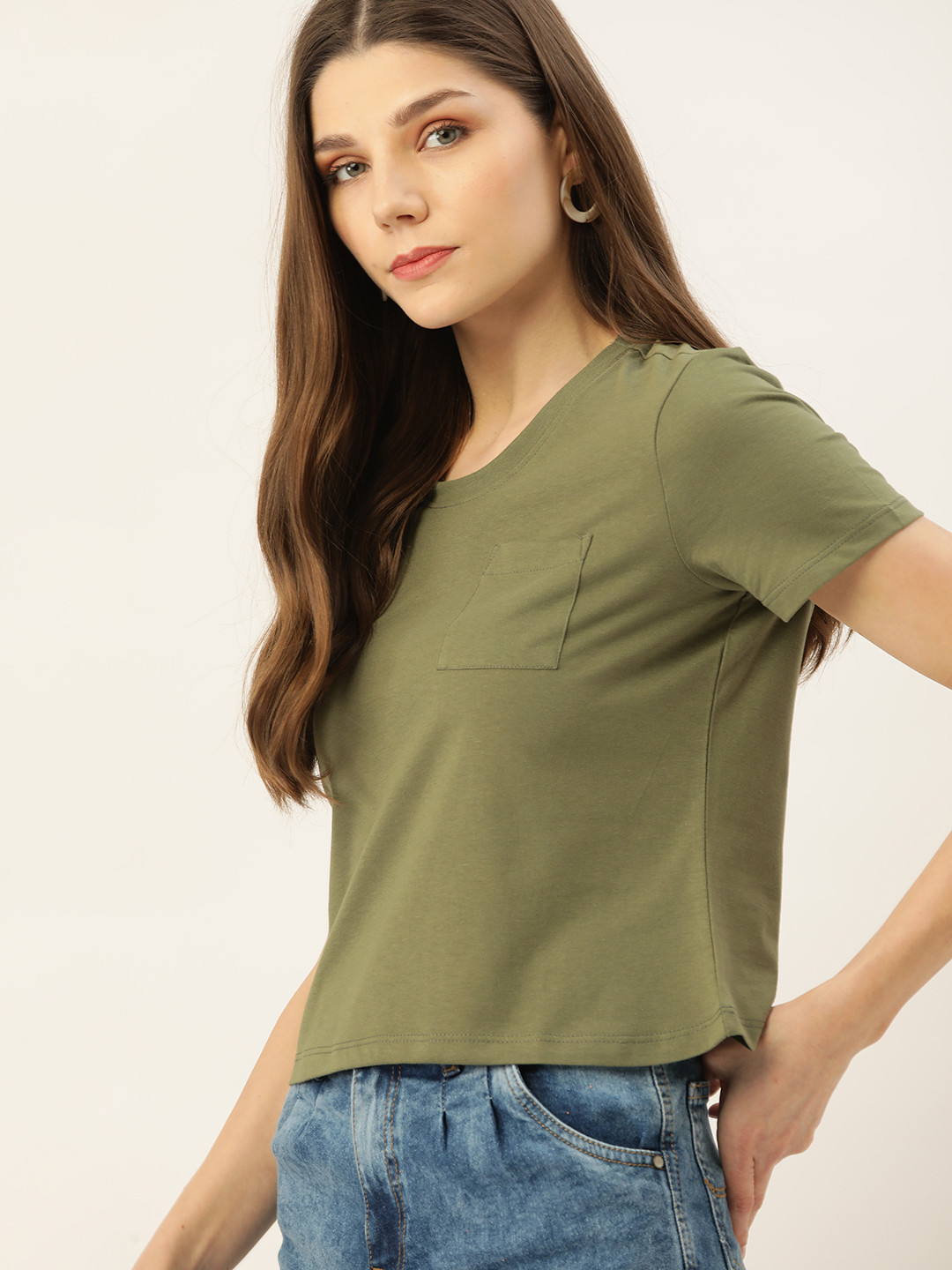 

DressBerry Women Olive Green Solid T-shirt