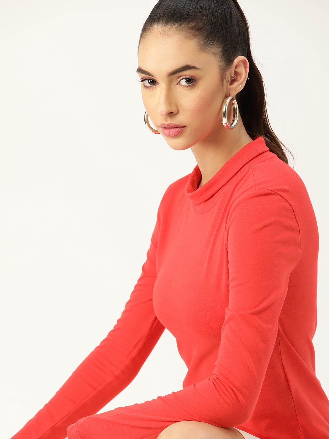

DressBerry Women Coral Red High Neck T-shirt
