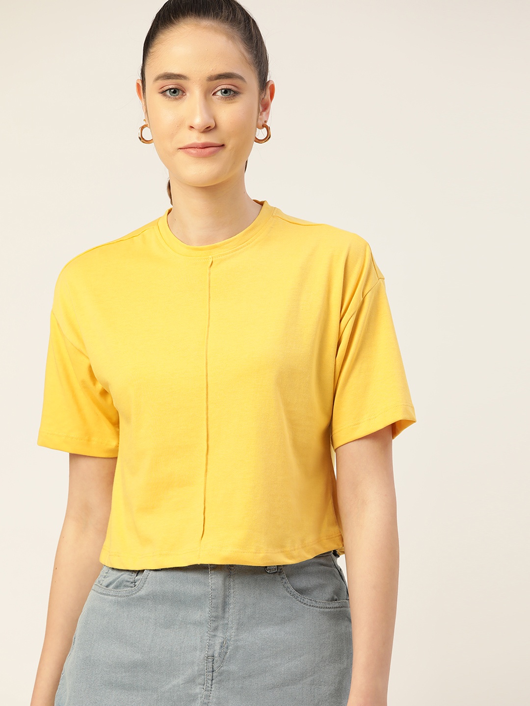 

DressBerry Women Yellow Solid Drop-Shoulder Sleeves Sustainable T-shirt