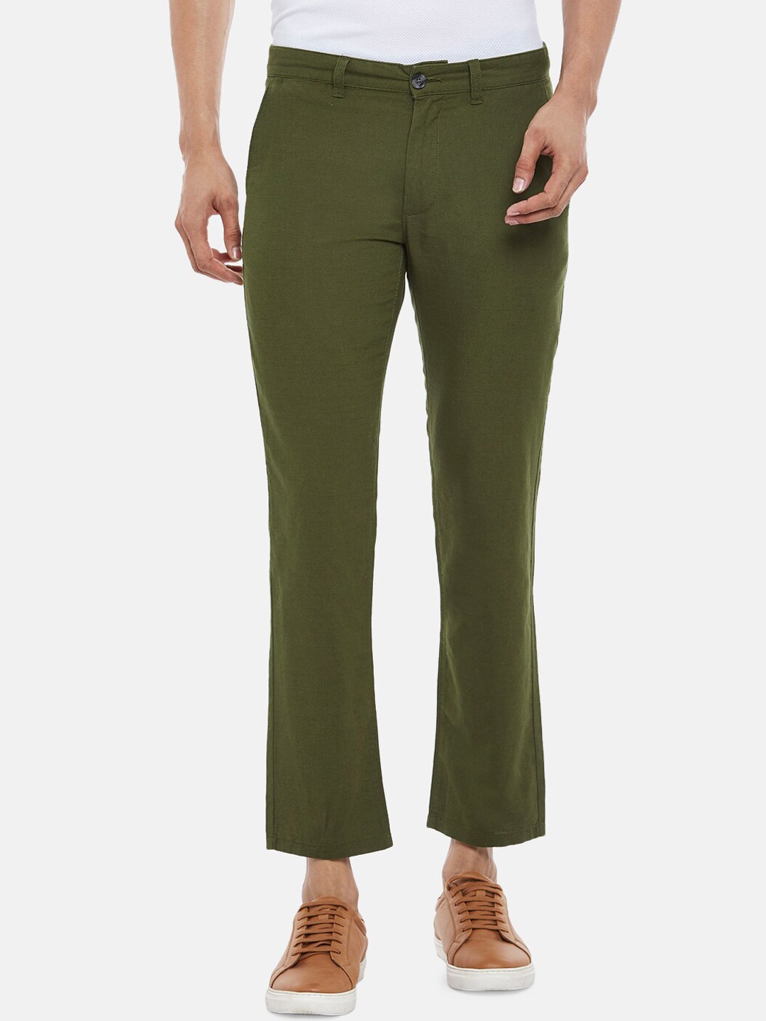 

BYFORD by Pantaloons Men Olive Green Slim Fit Low-Rise Pure Cotton Chinos Trousers