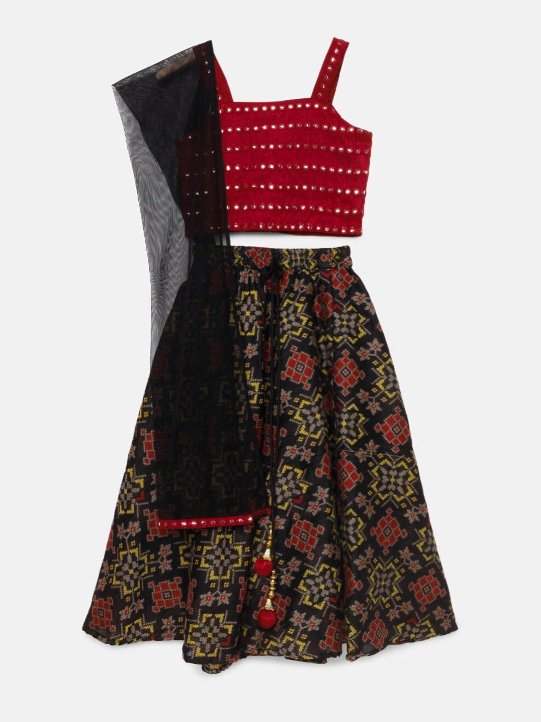

SALWAR STUDIO Girls Red & Black Embroidered Ready to Wear Lehenga & Blouse With Dupatta