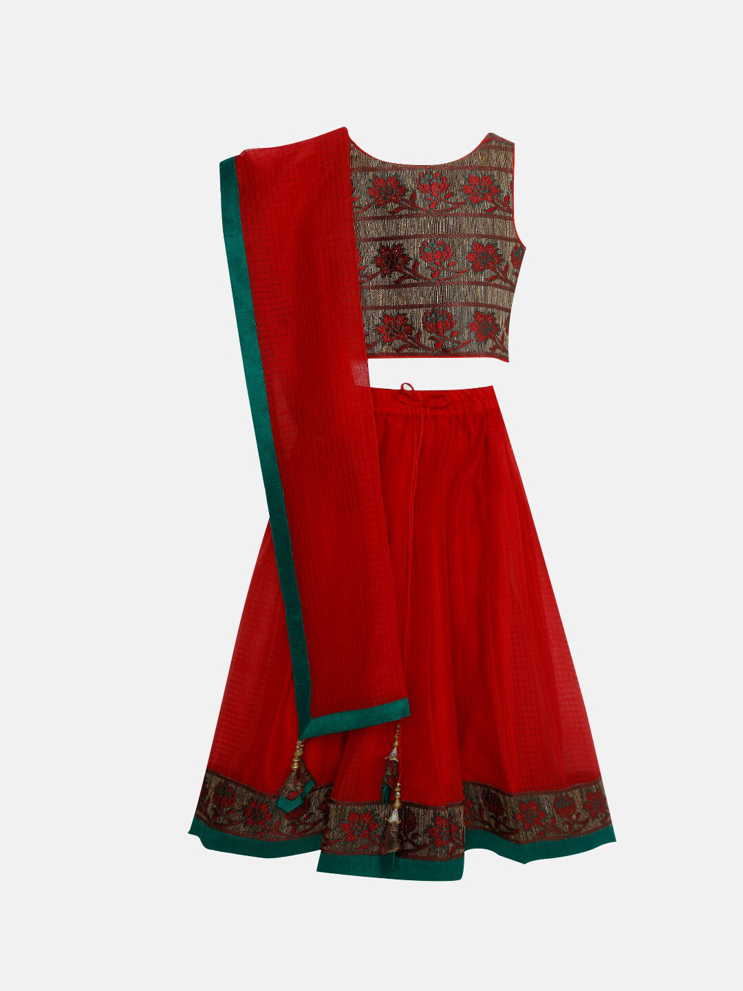 

SALWAR STUDIO Girls Red & Green Printed Ready to Wear Lehenga & Blouse With Dupatta