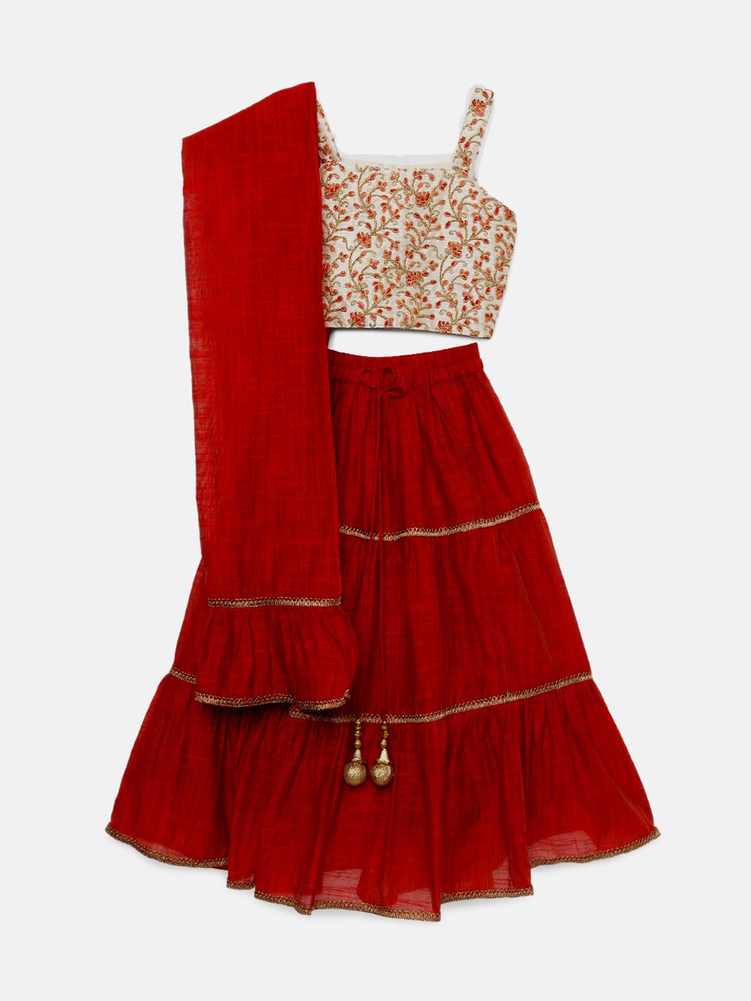 

SALWAR STUDIO Girls Off White & Red Embroidered Ready to Wear Lehenga & Blouse With Dupatta