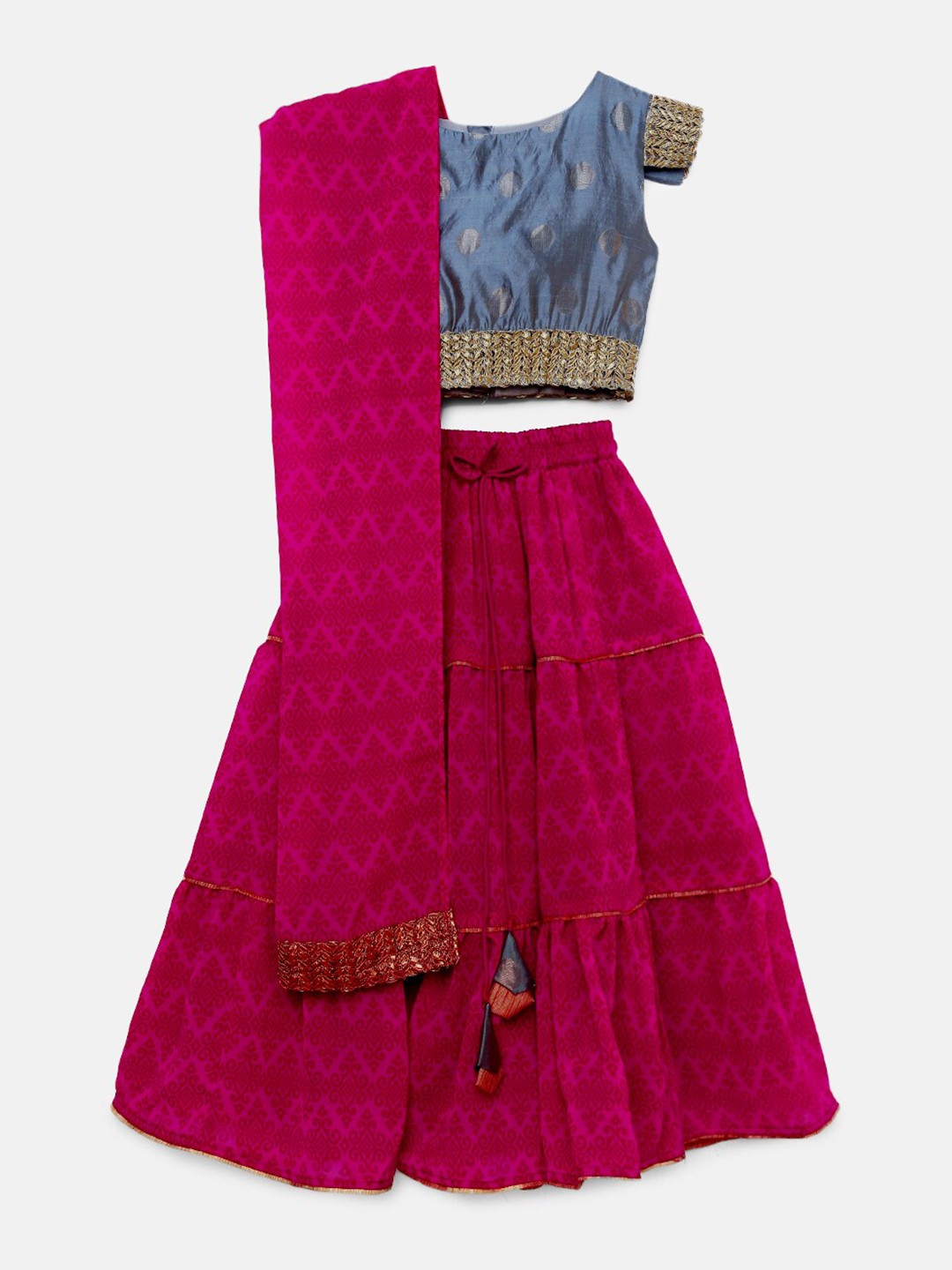

SALWAR STUDIO Girls Grey & Pink Ready to Wear Lehenga & Blouse With Dupatta