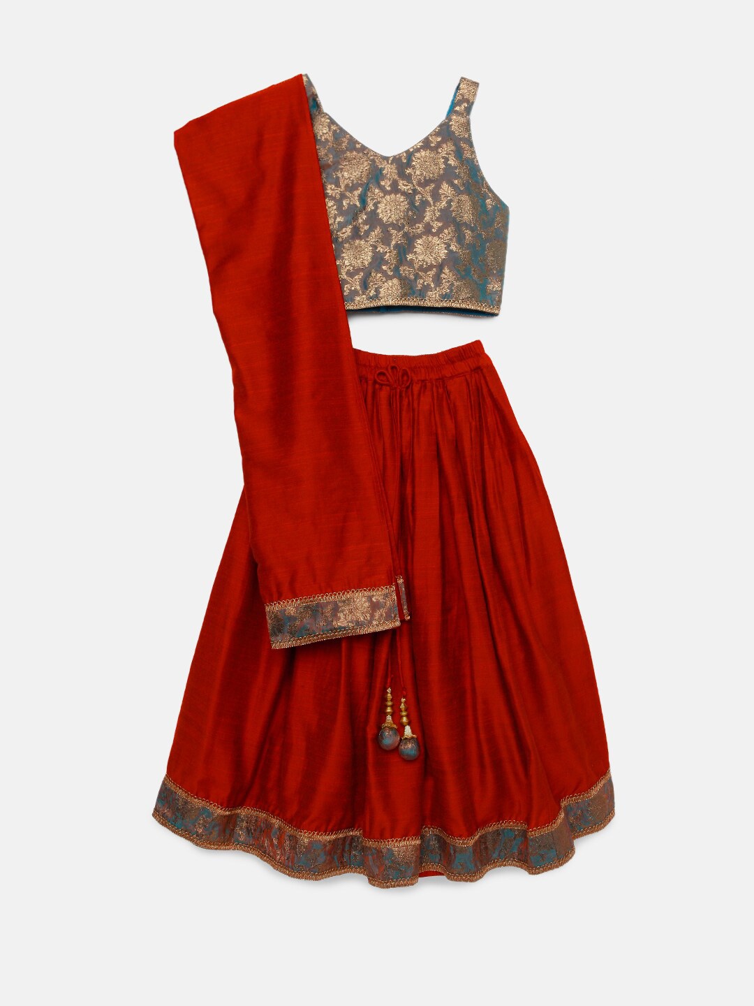 

SALWAR STUDIO Girls Grey & Red Printed Ready to Wear Lehenga & Blouse With Dupatta