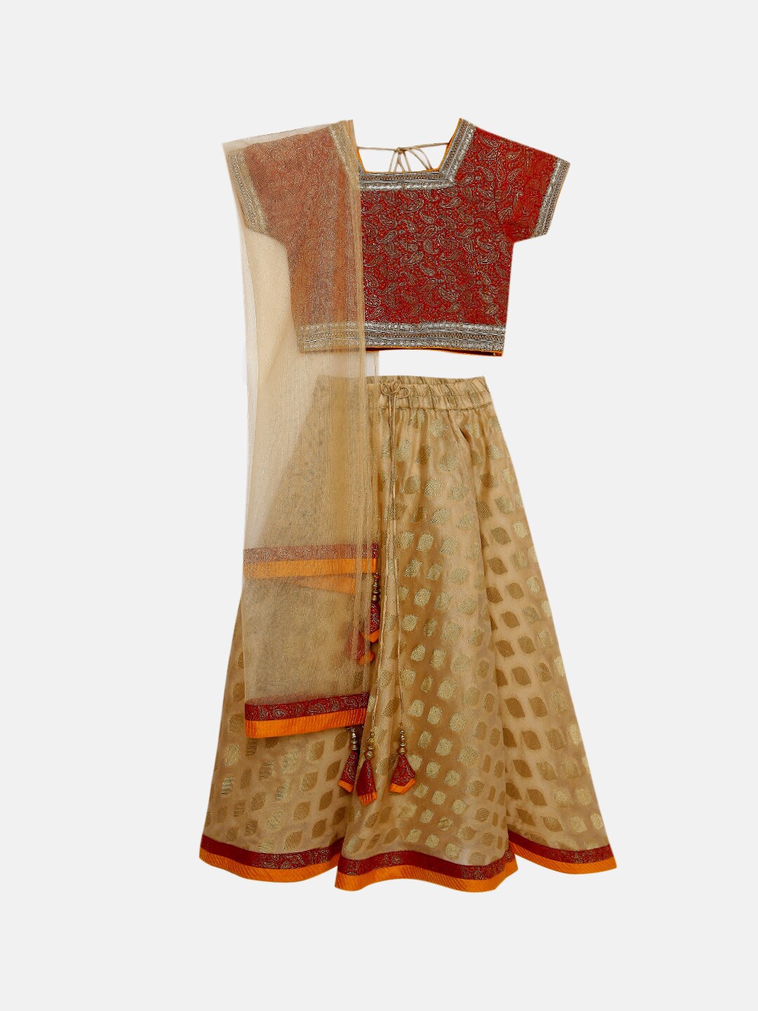 

SALWAR STUDIO Girls Red & Gold-Toned Banarasi Ready to Wear Lehenga & Blouse With Dupatta