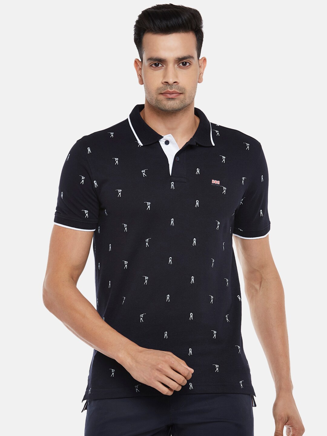 

BYFORD by Pantaloons Men Navy Blue Printed Polo Collar Slim Fit Cotton T-shirt
