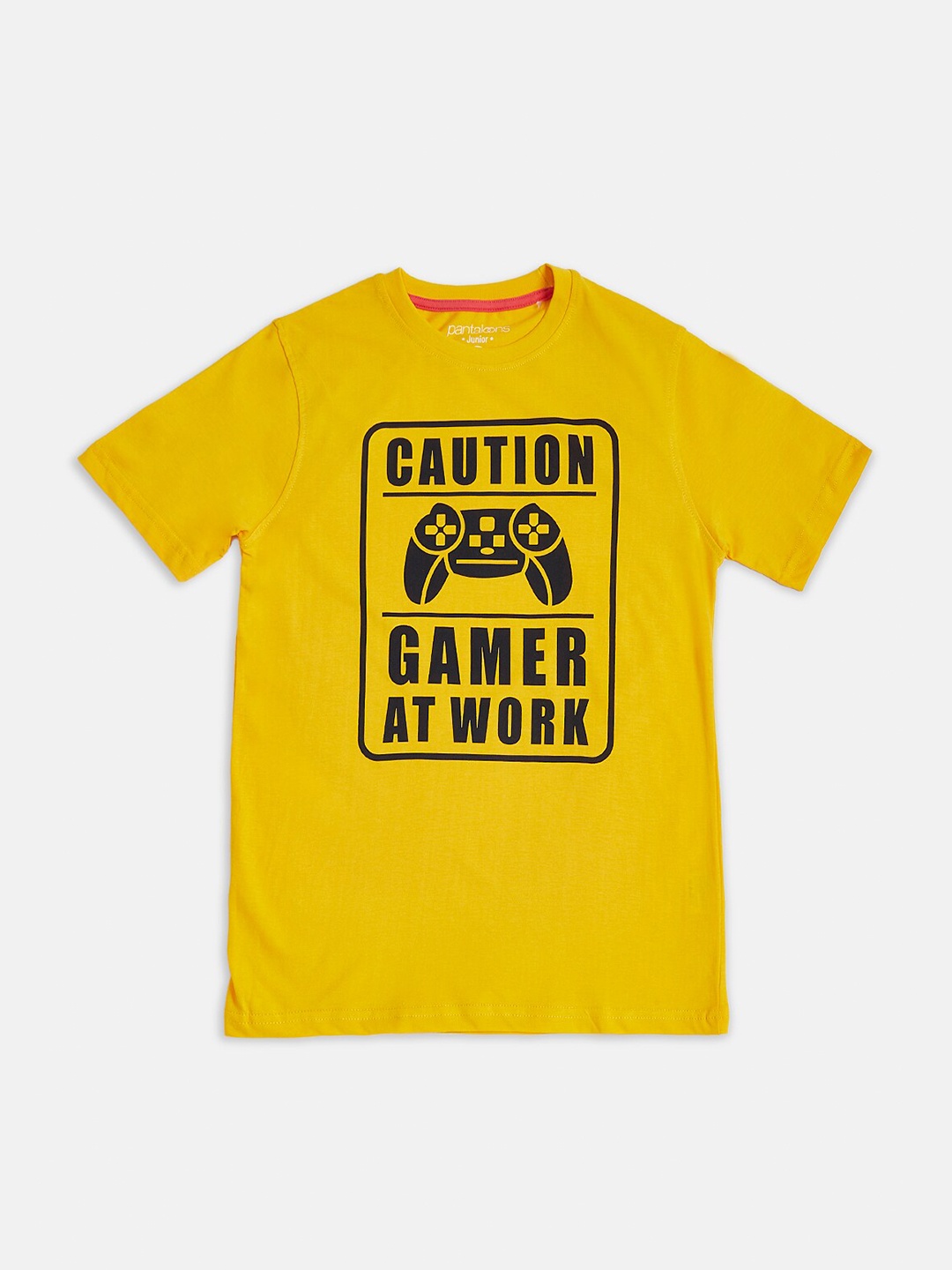 

Pantaloons Junior Boys Yellow & Black Typography Printed Pure Cotton T-shirt