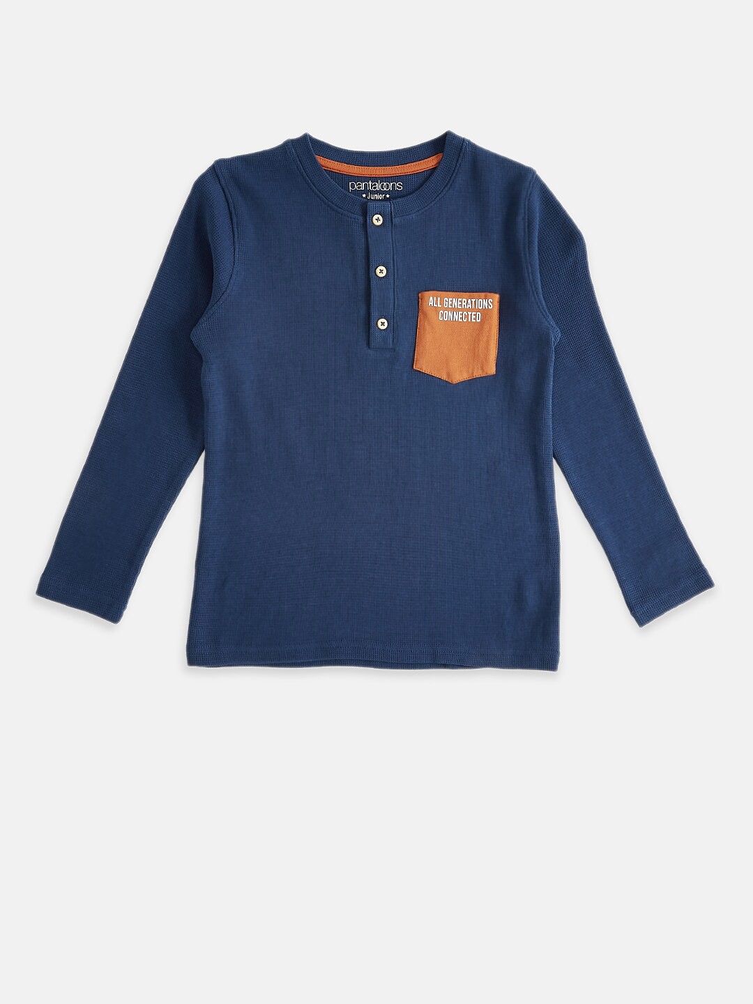 

Pantaloons Junior Boys Navy Blue Pure Cotton Henley Neck T-shirt