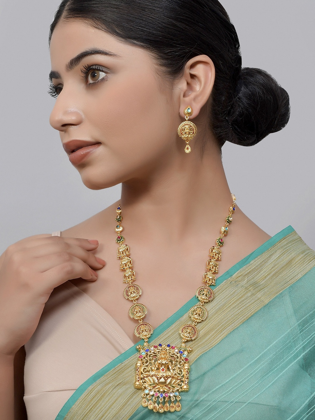 

Silvermerc Designs Gold-Plated Pink & Blue Stone-Studded Laxmi Temple Jewellery Set