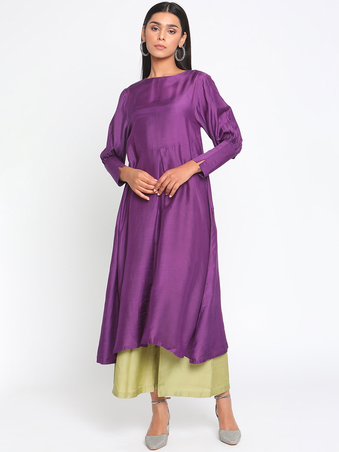 

trueBrowns Women Purple & Olive Green Pleated Kurta with Palazzos