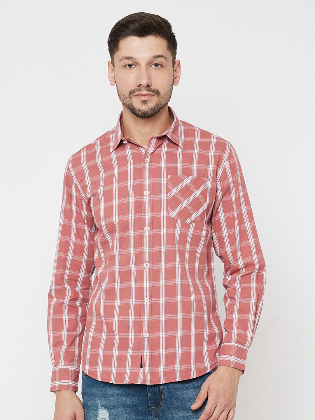 

METTLE Men Coral Opaque Checked Casual Cotton Shirt
