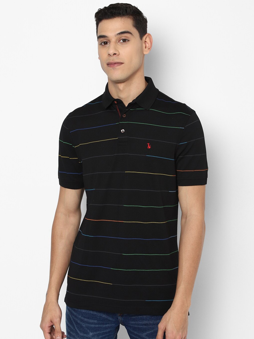 

SIMON CARTER LONDON Men Black Striped Polo Collar Slim Fit T-shirt