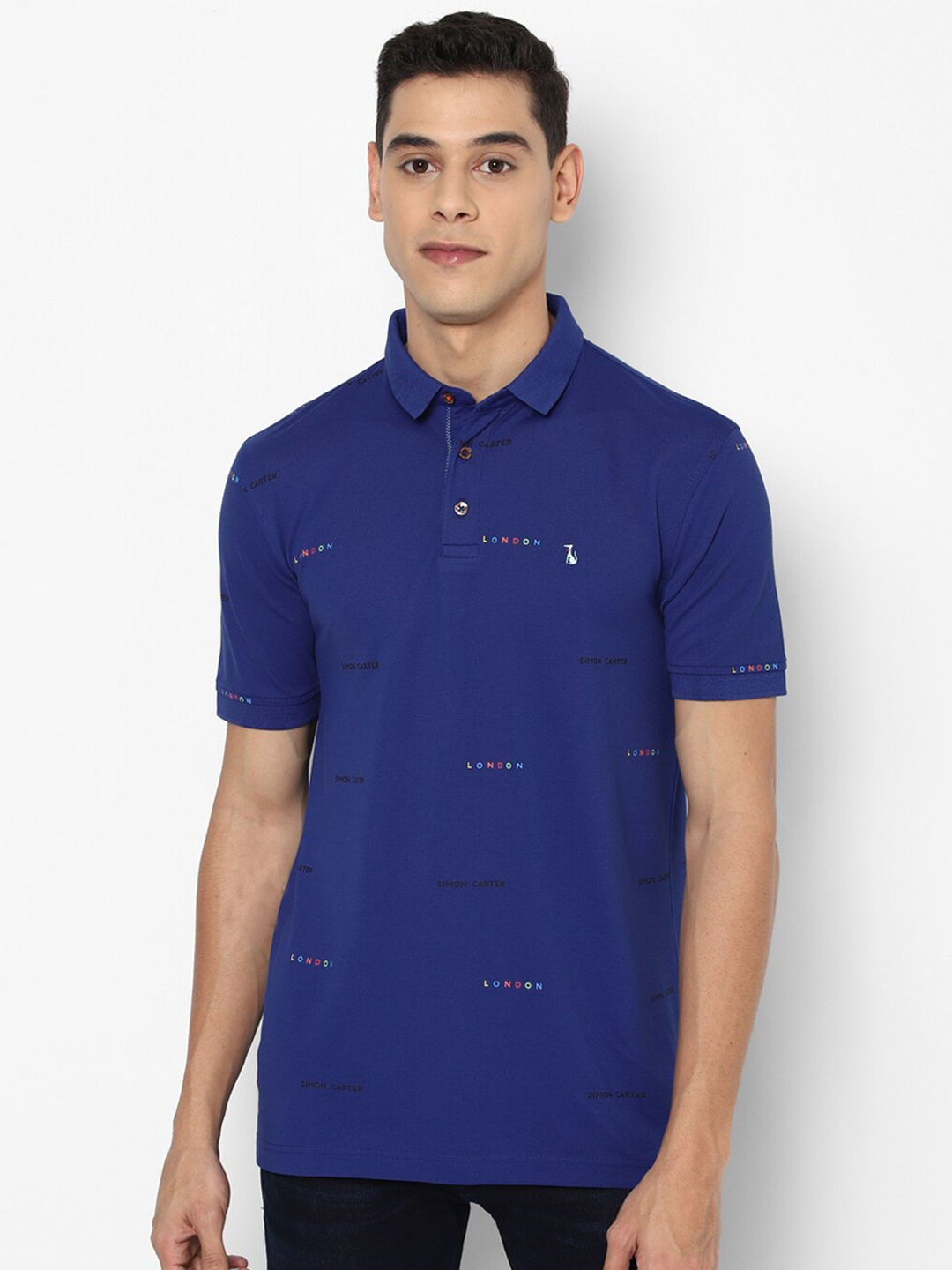 

SIMON CARTER LONDON Men Blue Printed Polo Collar Slim Fit T-shirt