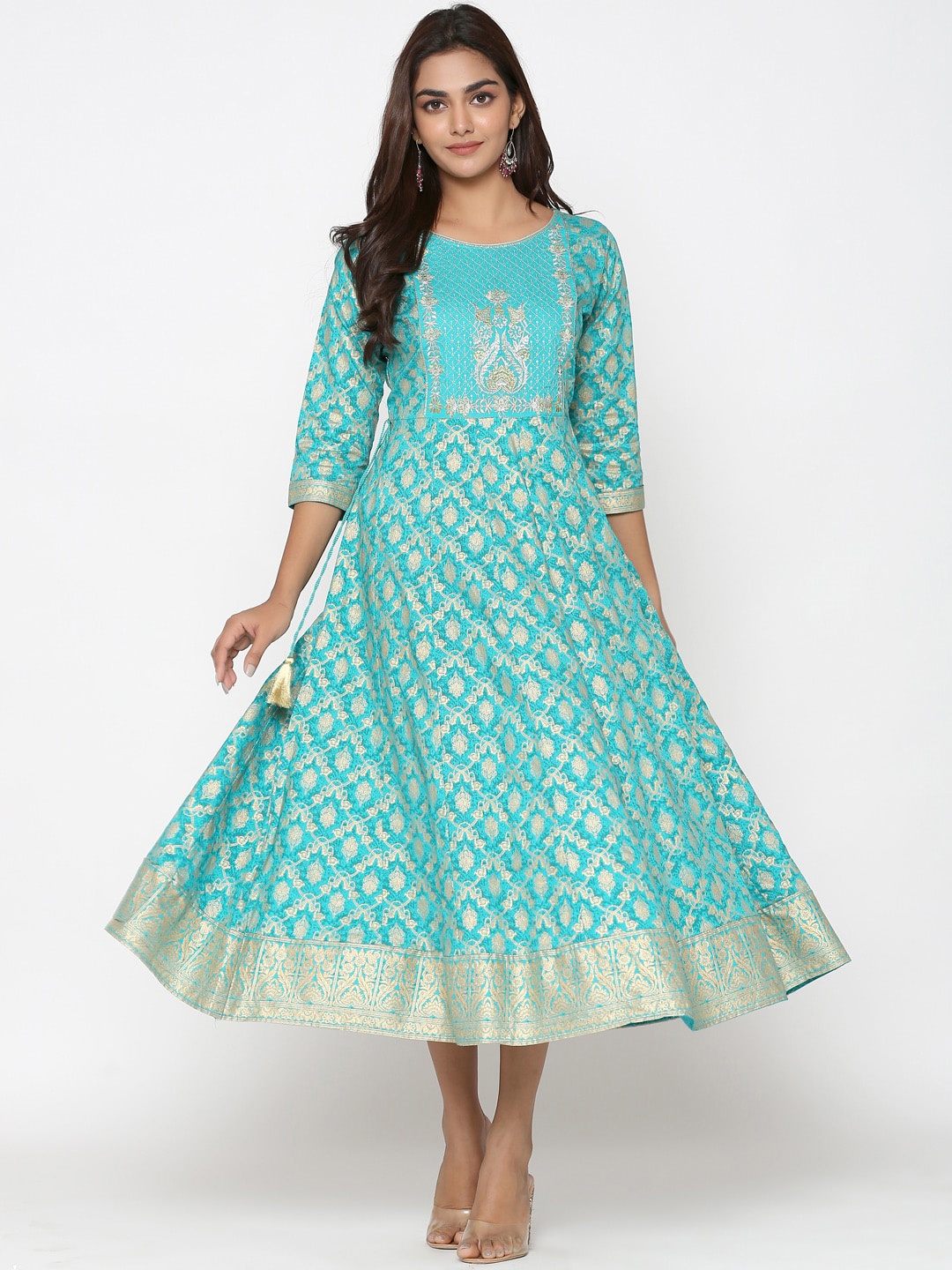 

UNISETS Turquoise Blue & White Ethnic Motifs Ethnic A-Line Midi Dress