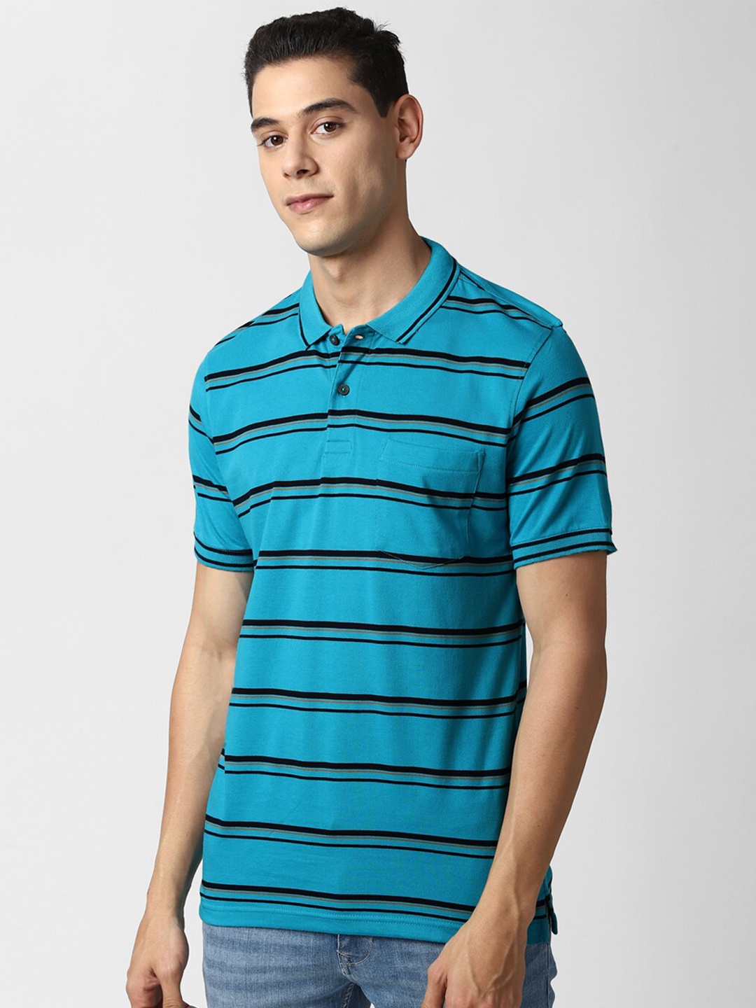 

Peter England Casuals Men Blue Striped Polo Collar T-shirt
