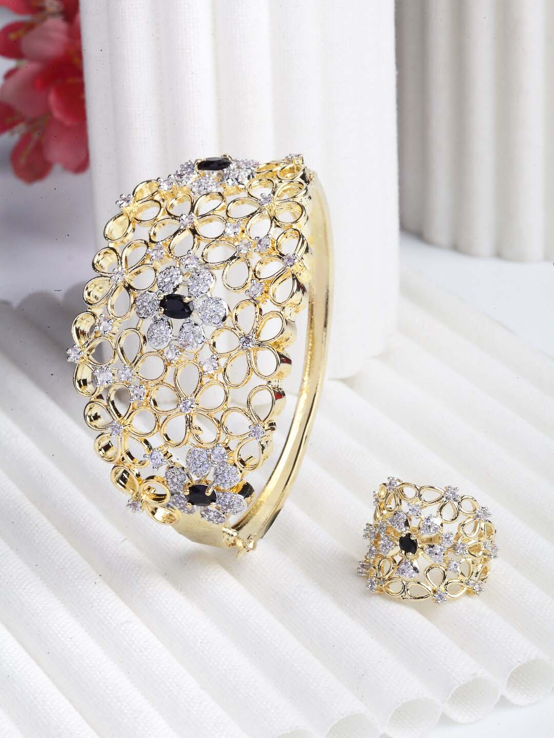 

ZENEME 2 Black & Gold-Toned Brass AD-Studded Gold-Plated Bangle-Style Bracelet & Ring