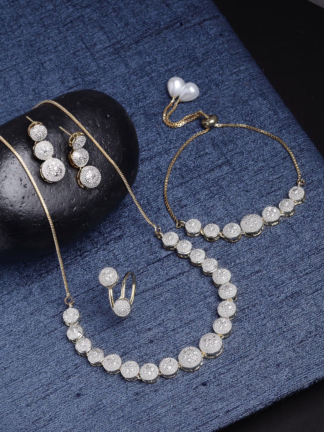 

ZENEME Gold-Plated White AD-Studded Jewellery Set