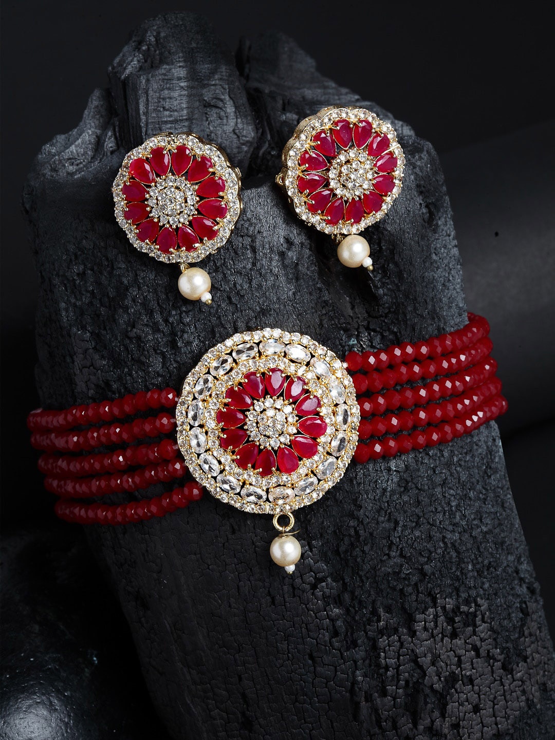 

ZENEME Gold-plated Red Stone Studded Multistrand Choker Necklace & Earrings
