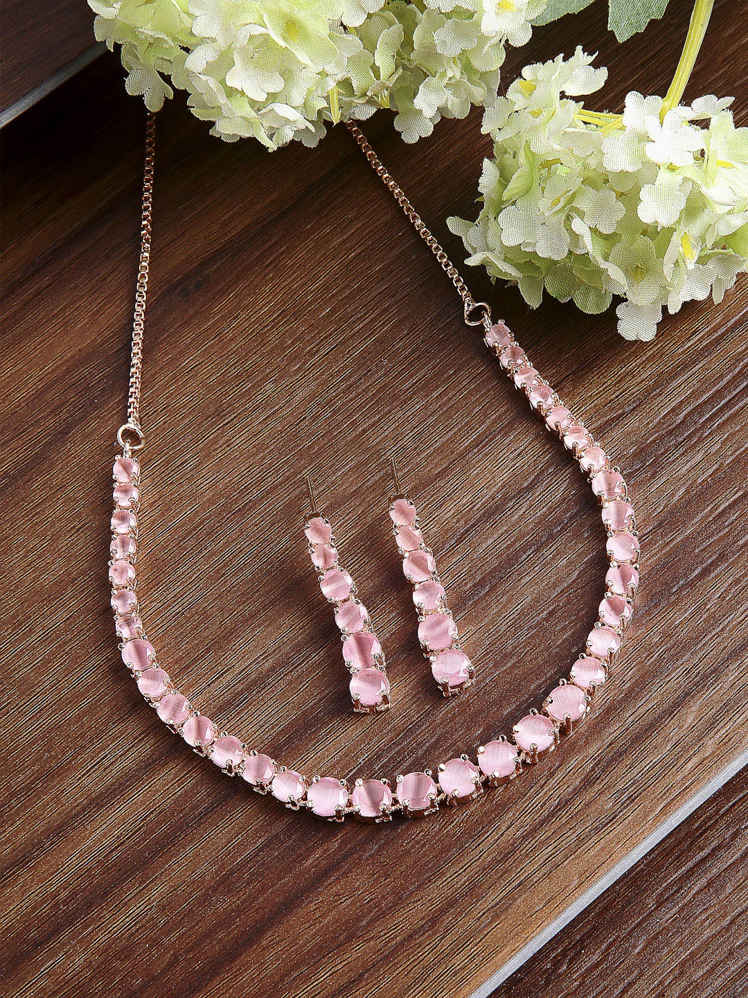 

ZENEME Women Pink Rose Gold-Plated Cubic-Zirconia Studded Handcrafted Jewellery Set