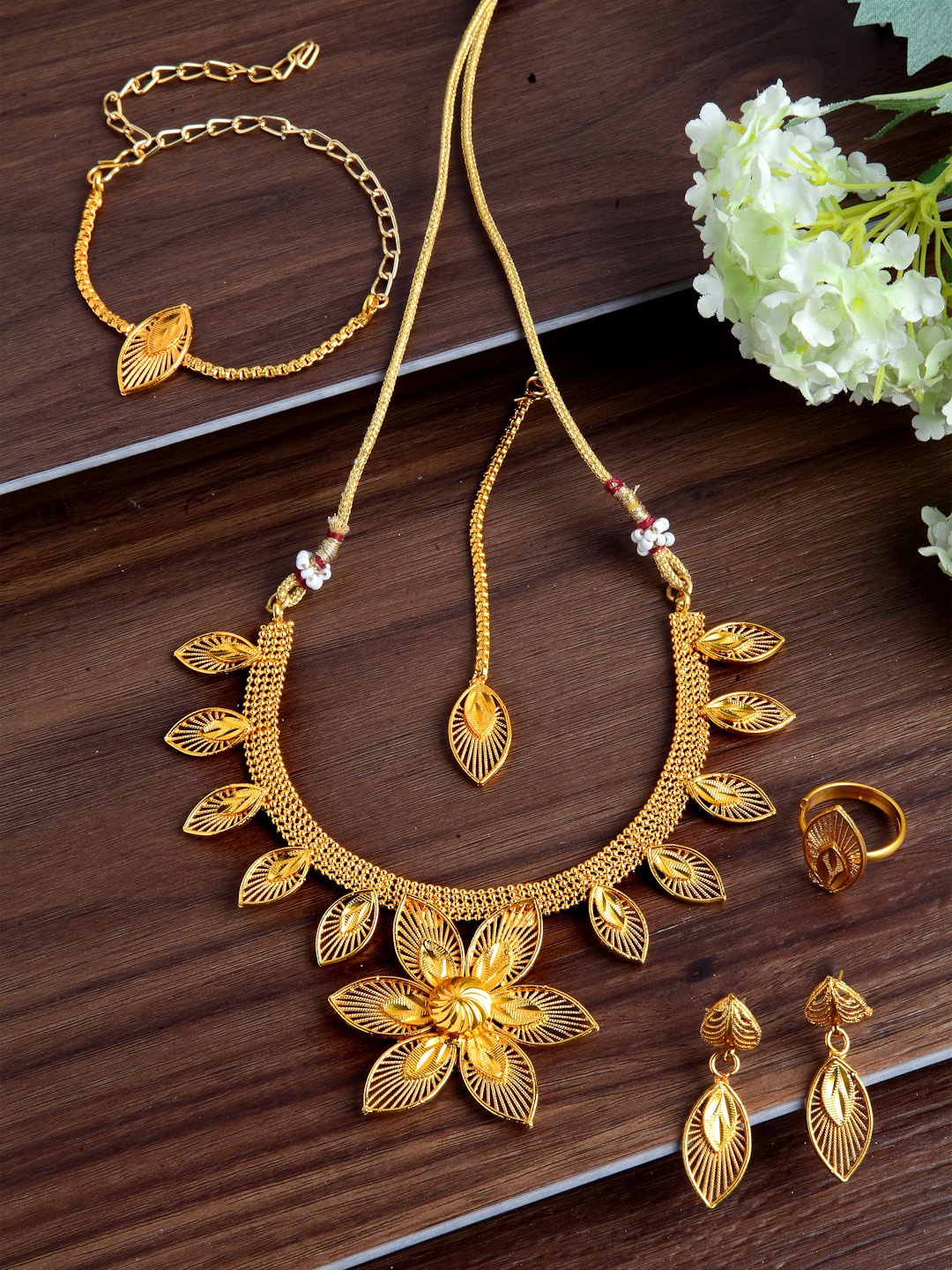 

ZENEME 24 KT Gold-Plated Floral Rani Haar Jewellery Set