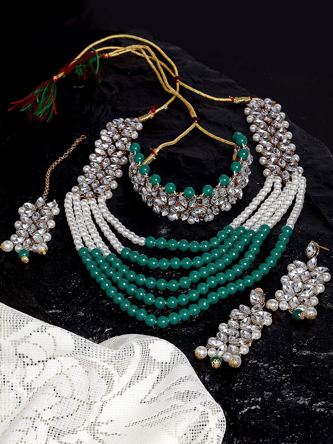 

ZENEME Gold-Plated & Green Kundan-Studded & Pearl Beaded Antique Jewellery Set