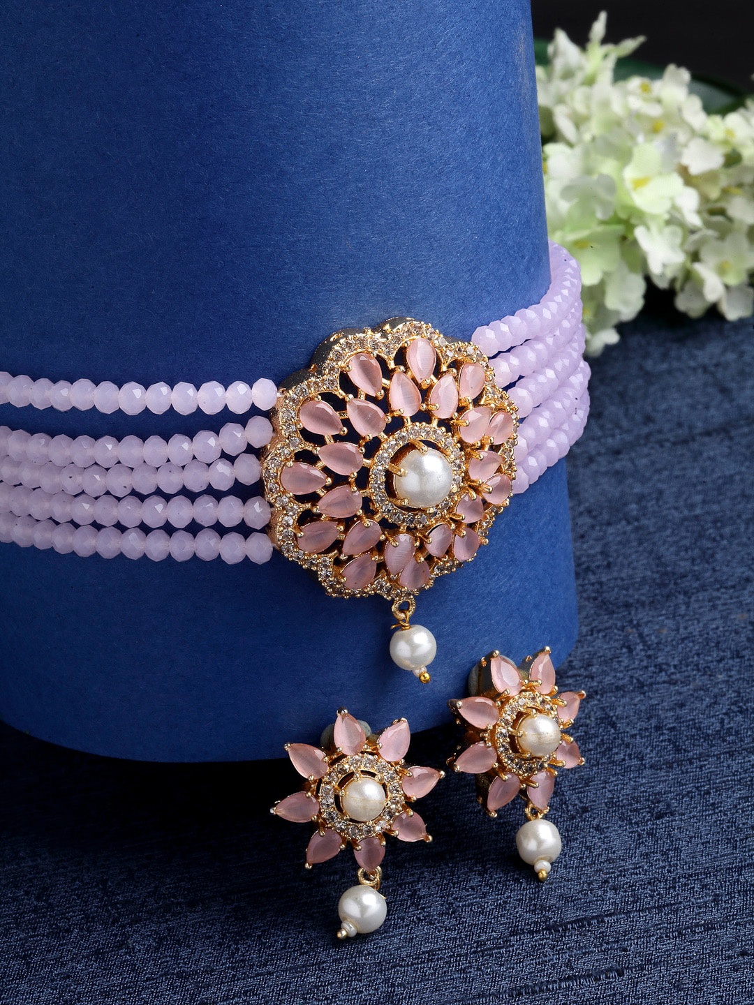 

ZENEME Gold-Plated Pink & White Kundan Studded & Beaded Jewellery Set