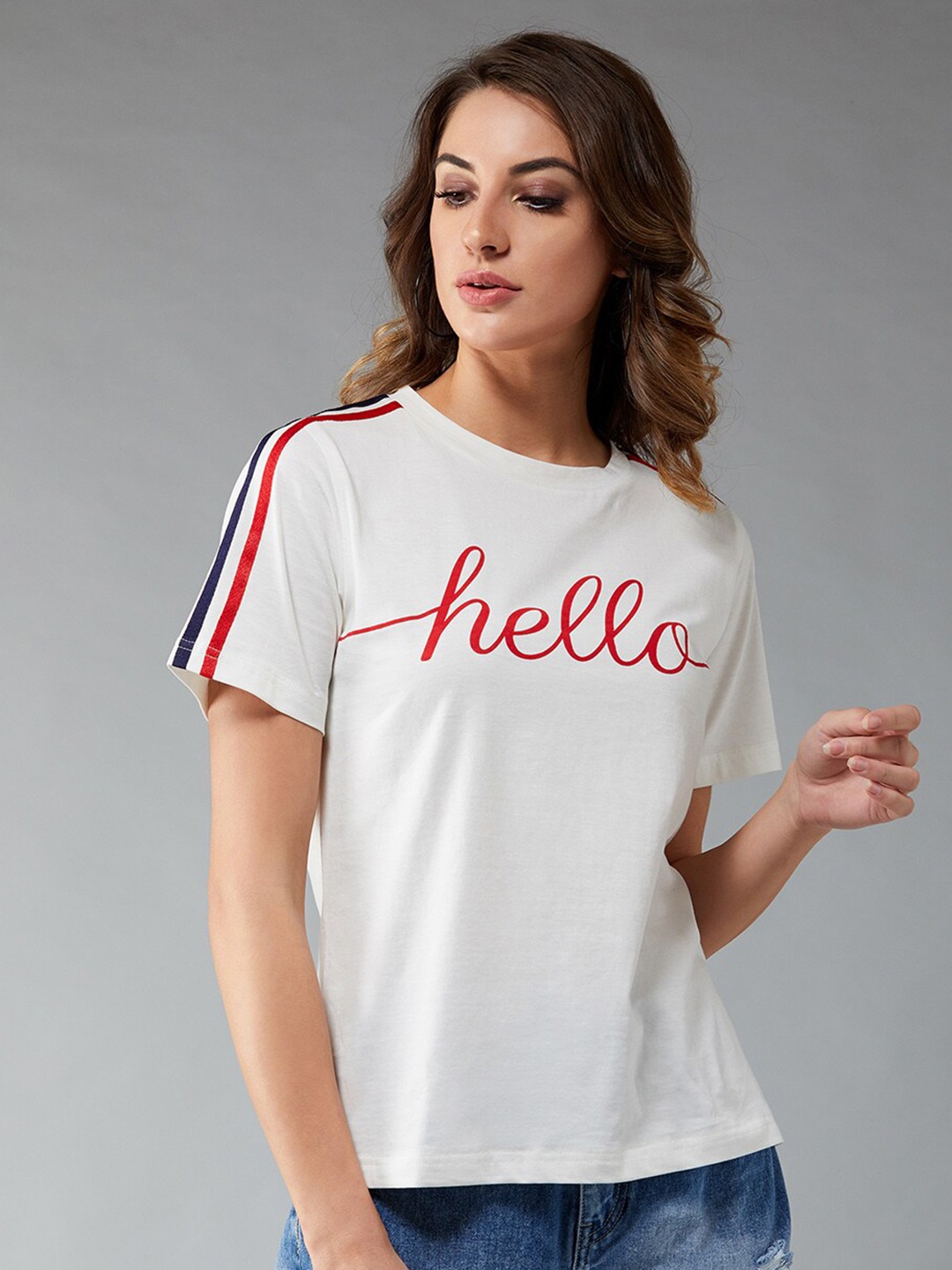 

DOLCE CRUDO Women White Typography Printed Cotton T-shirt